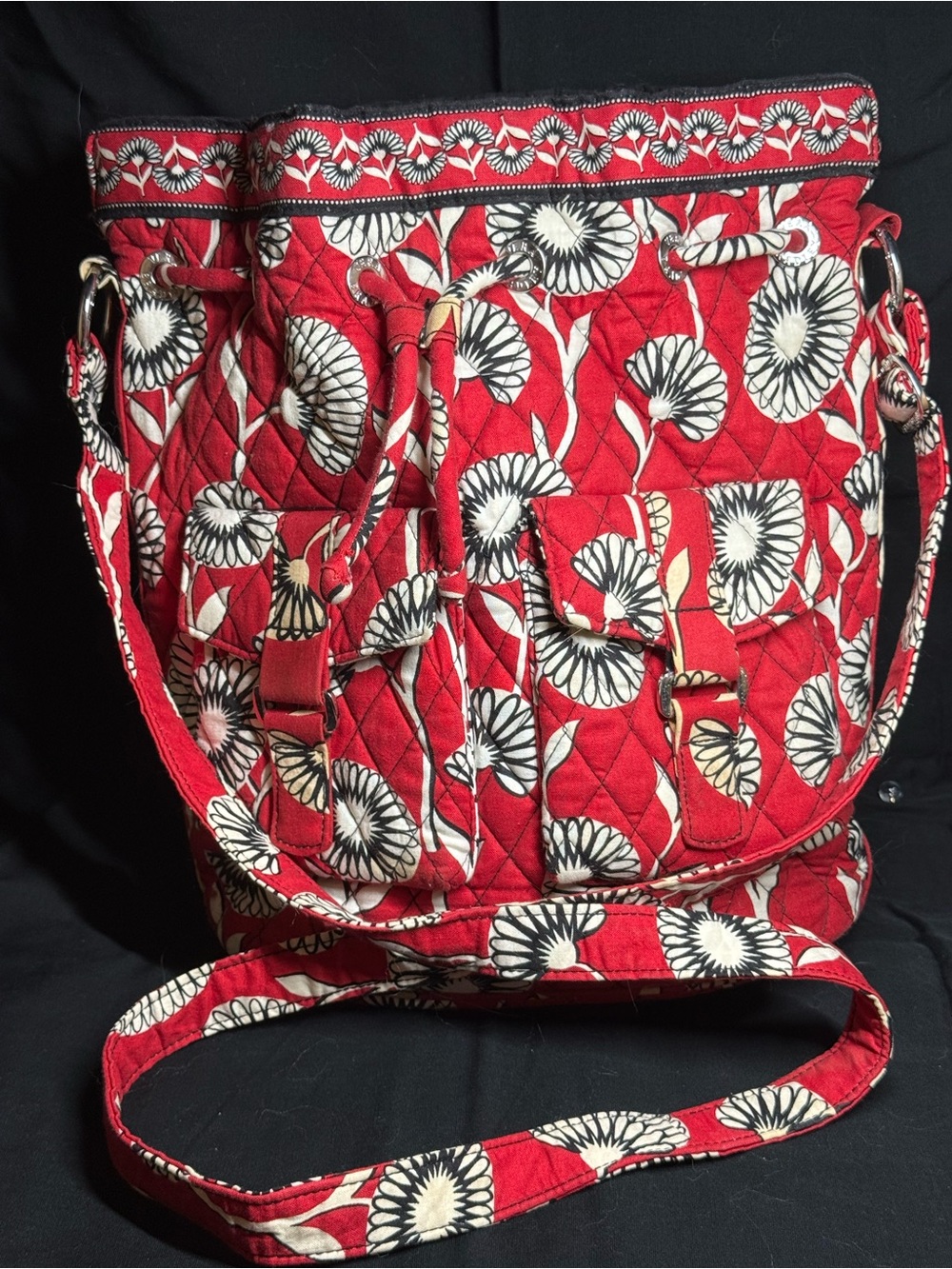 Vera Bradley Red Floral Quilted Drawstring Bucket Shoulder Bag